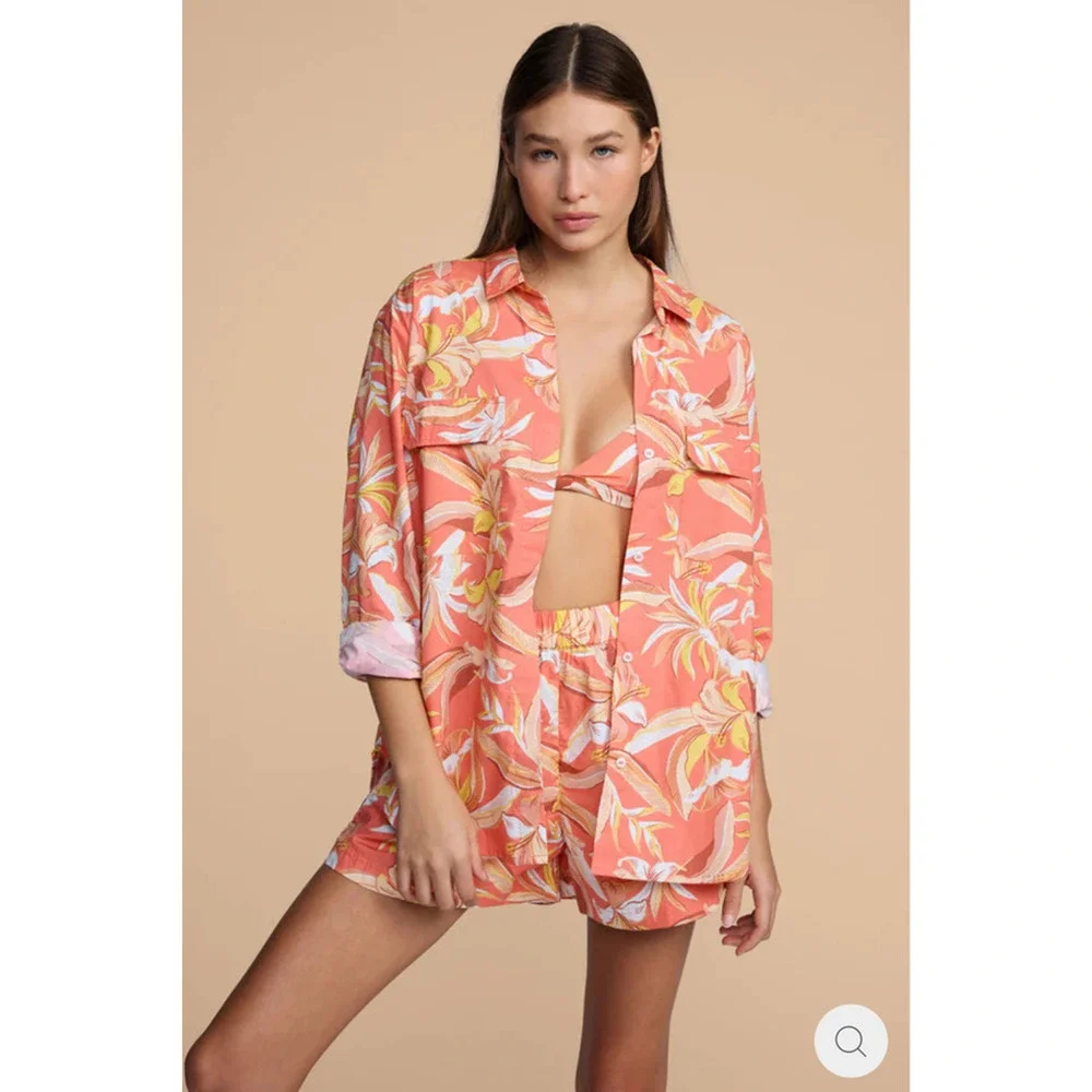 MIKOH Willa Cotton Shorts Bora Bora Orange Hawaiian Print M NWT Resort Wear
